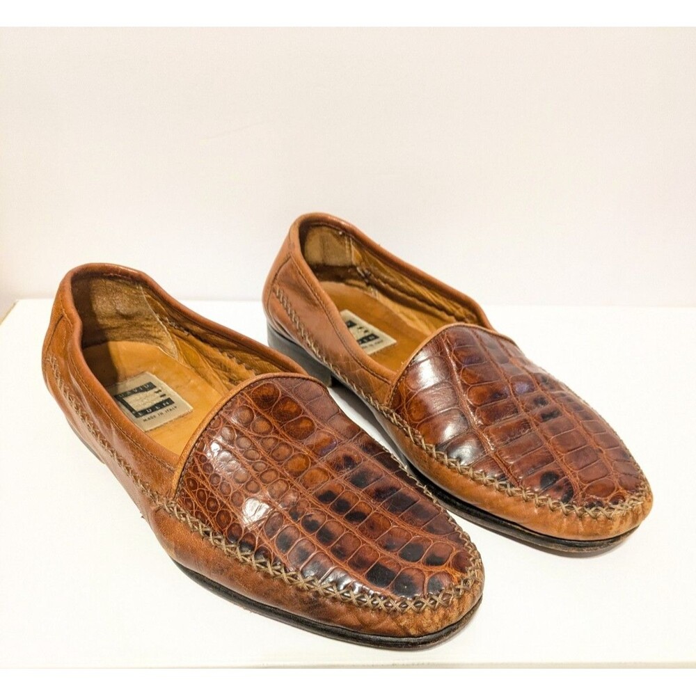 David Eden Shoes Vintage Ostrich Leather Brown Loafer Men's Sz 9.5 Made in ITALY